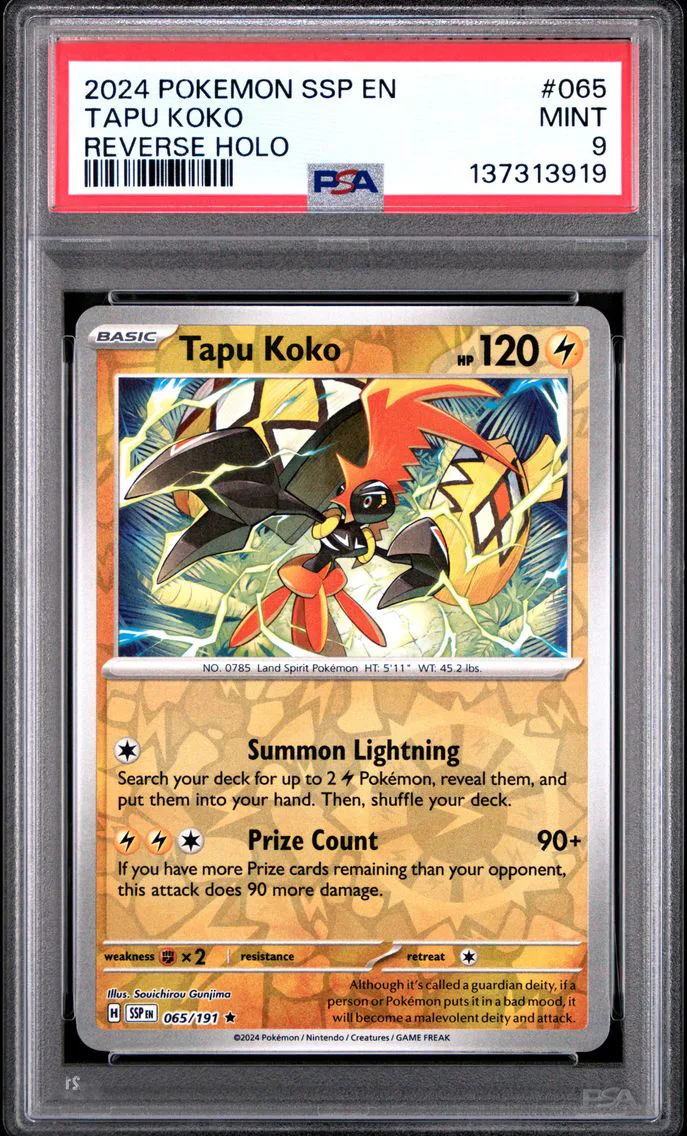2024 #065 Tapu Koko Reverse Holo PSA 9 Ssp EN-Surging Sparks Pokemon