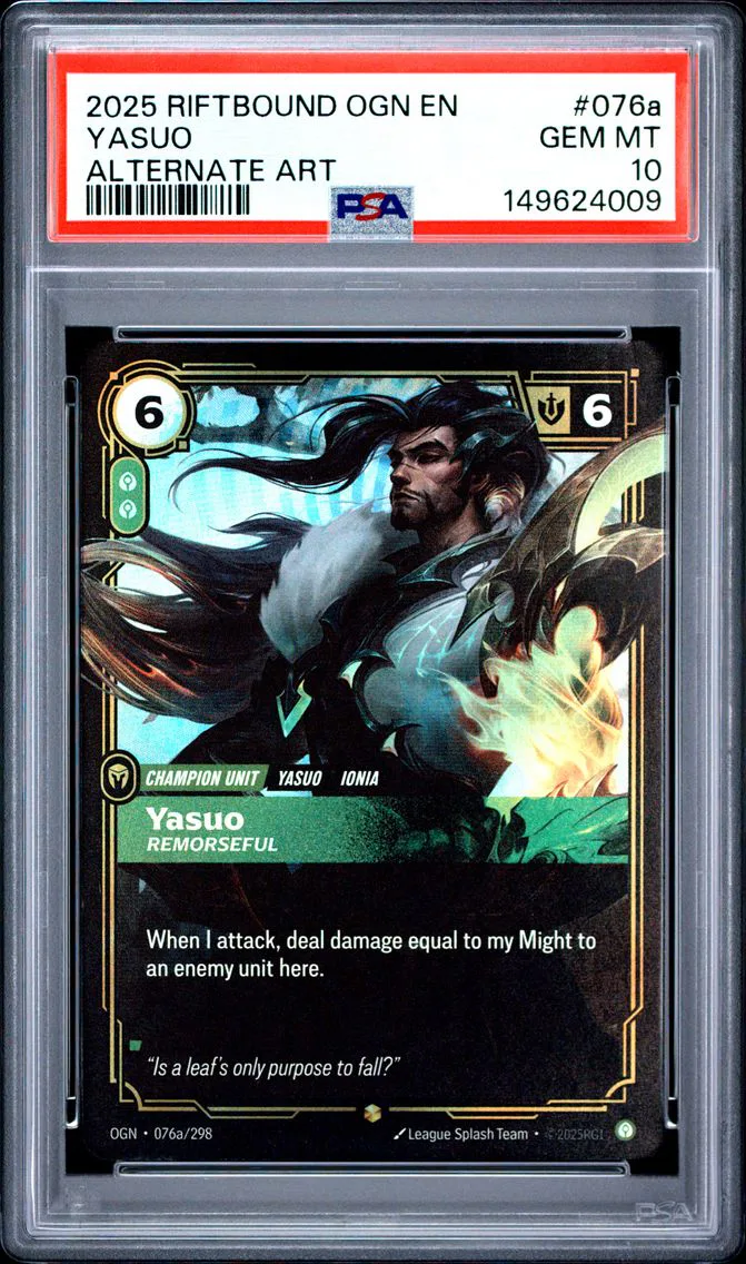 2025 #076a Yasuo - Remorseful PSA 10 Riftbound: League of Legends Ogn-Origins