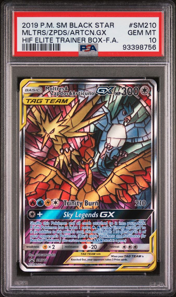 2019 #SM210 Full Art/Moltres & Zapdos & Articuno GX PSA 10 SM Black Star Promo Pokemon