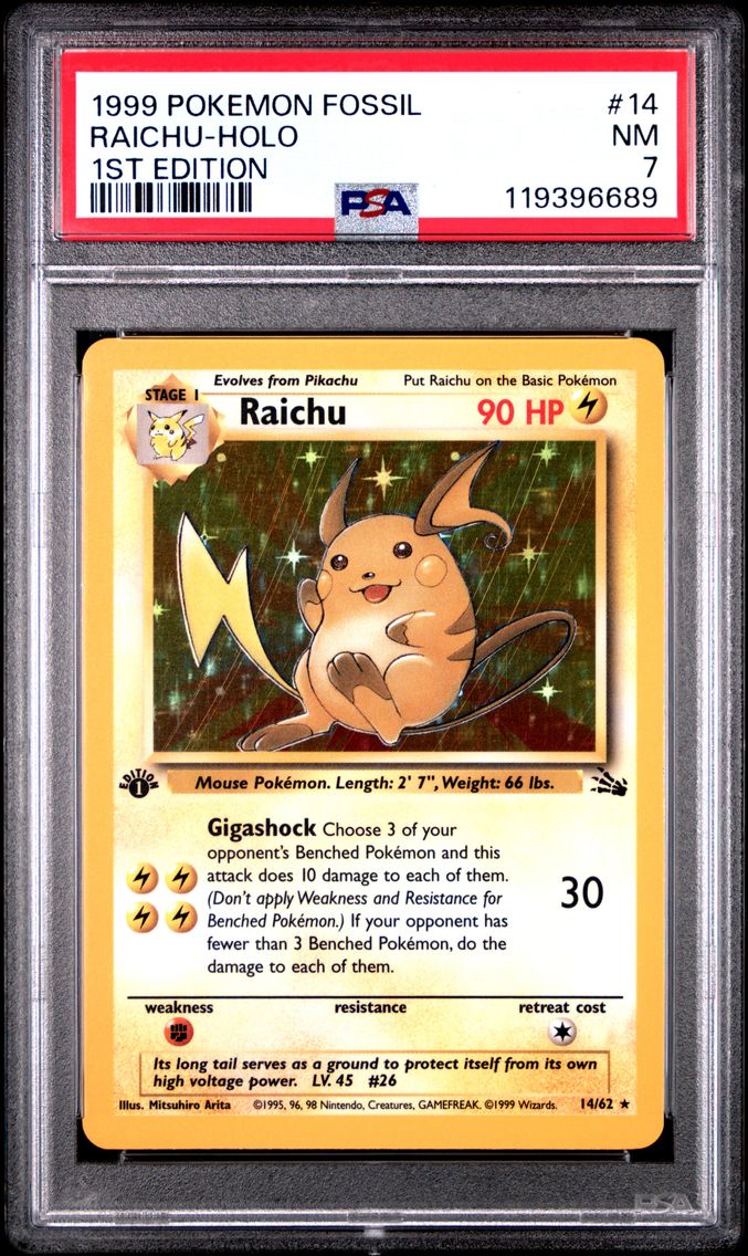 1999 #14 Raichu-Holo 1st Edition PSA 7 Fossil Pokemon