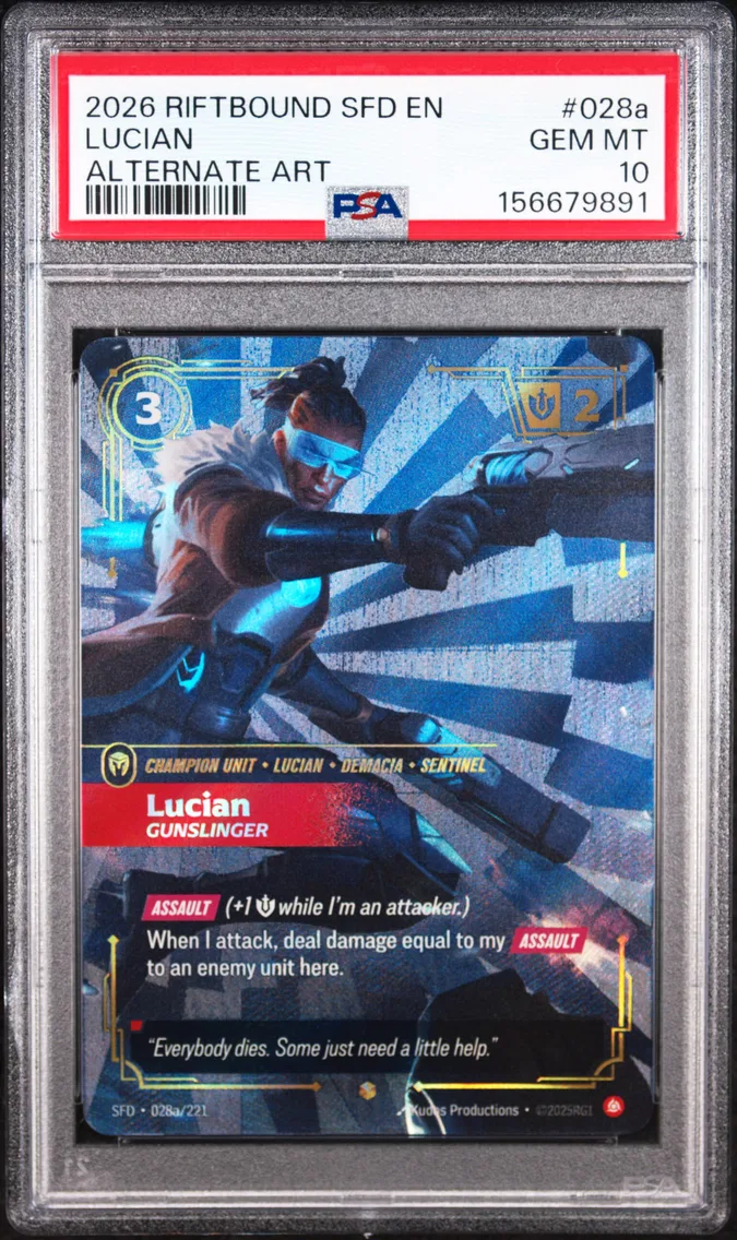 2026 #028a Lucian - Gunslinger PSA 10 Riftbound: League of Legends Sfd-Spiritforged