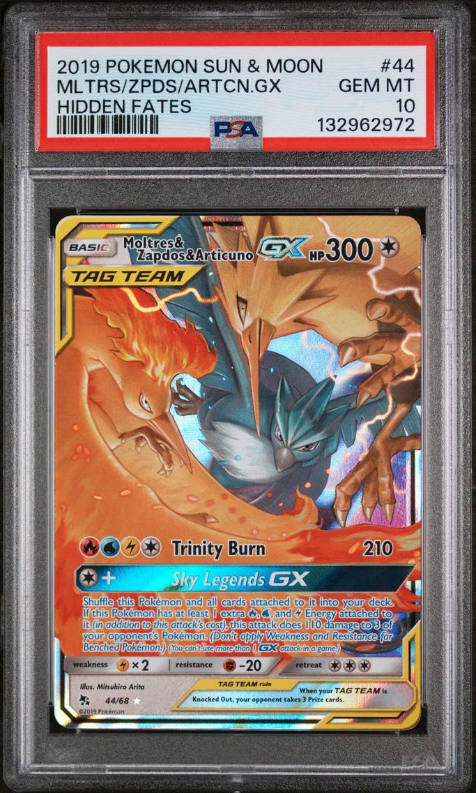 2019 #44 Moltres & Zapdos & Articuno GX PSA 10 Sun & Moon Hidden Fates Pokemon