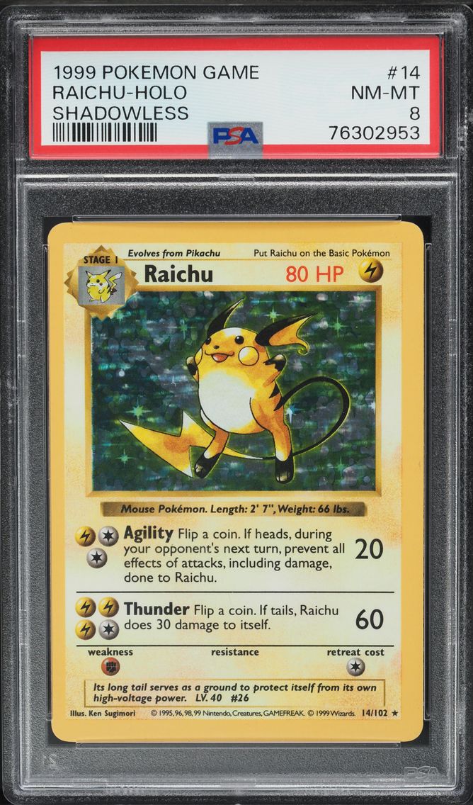 1999 #14 BASE SET SHADOWLESS HOLO RAICHU PSA 8 POKEMON