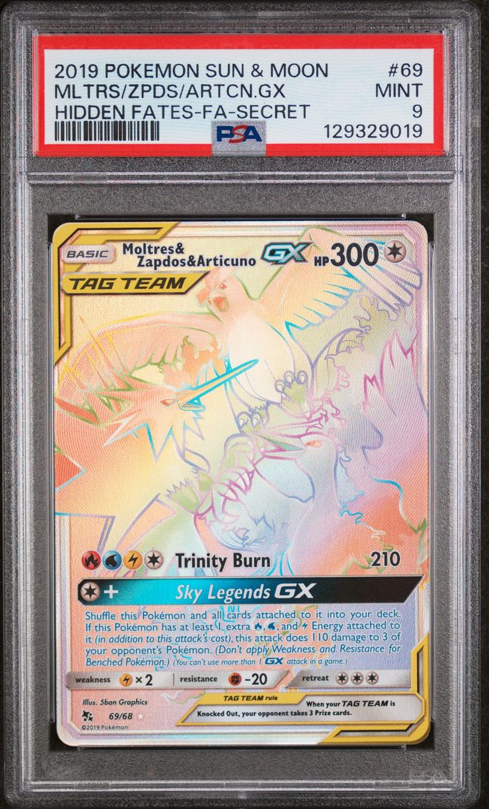 2019 #69 Full Art/Moltres & Zapdos & Articuno GX PSA 9 Sun & Moon Hidden Fates Pokemon