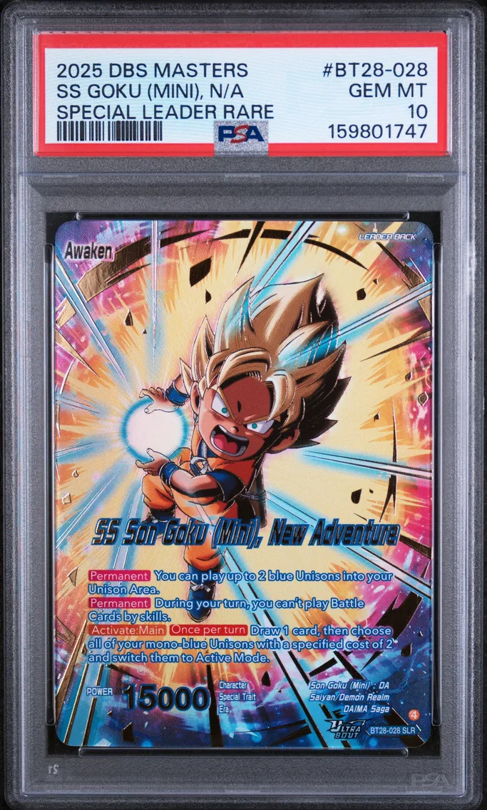 2025 #BT28-028 Son Goku (Mini)/SS Son Goku (Mini), New Adventure PSA 10 Dragon Ball Super Card Game Masters Series 28 Prismatic Clash