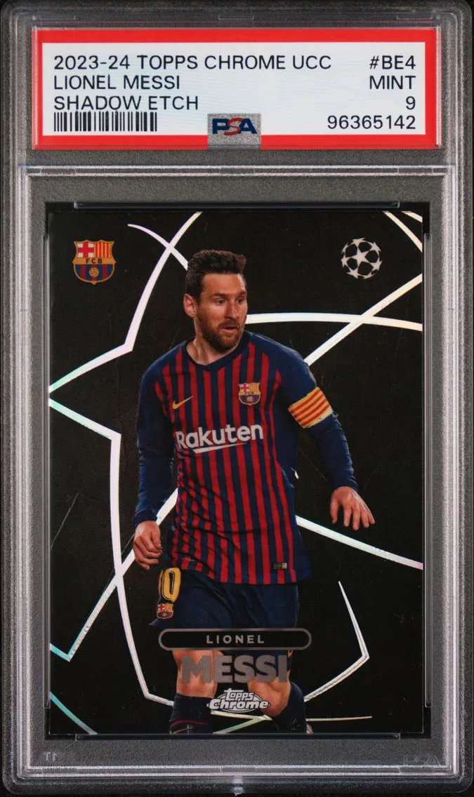 2023 #BE4 Lionel Messi PSA 9 Topps Chrome UEFA Club Competitions Shadow Etch