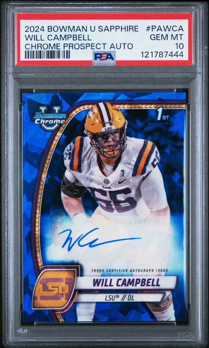 2024 #PAWCA Will Campbell PSA 10 Bowman University Chrome Bowman Chrome Sapphire Prospect Autographs