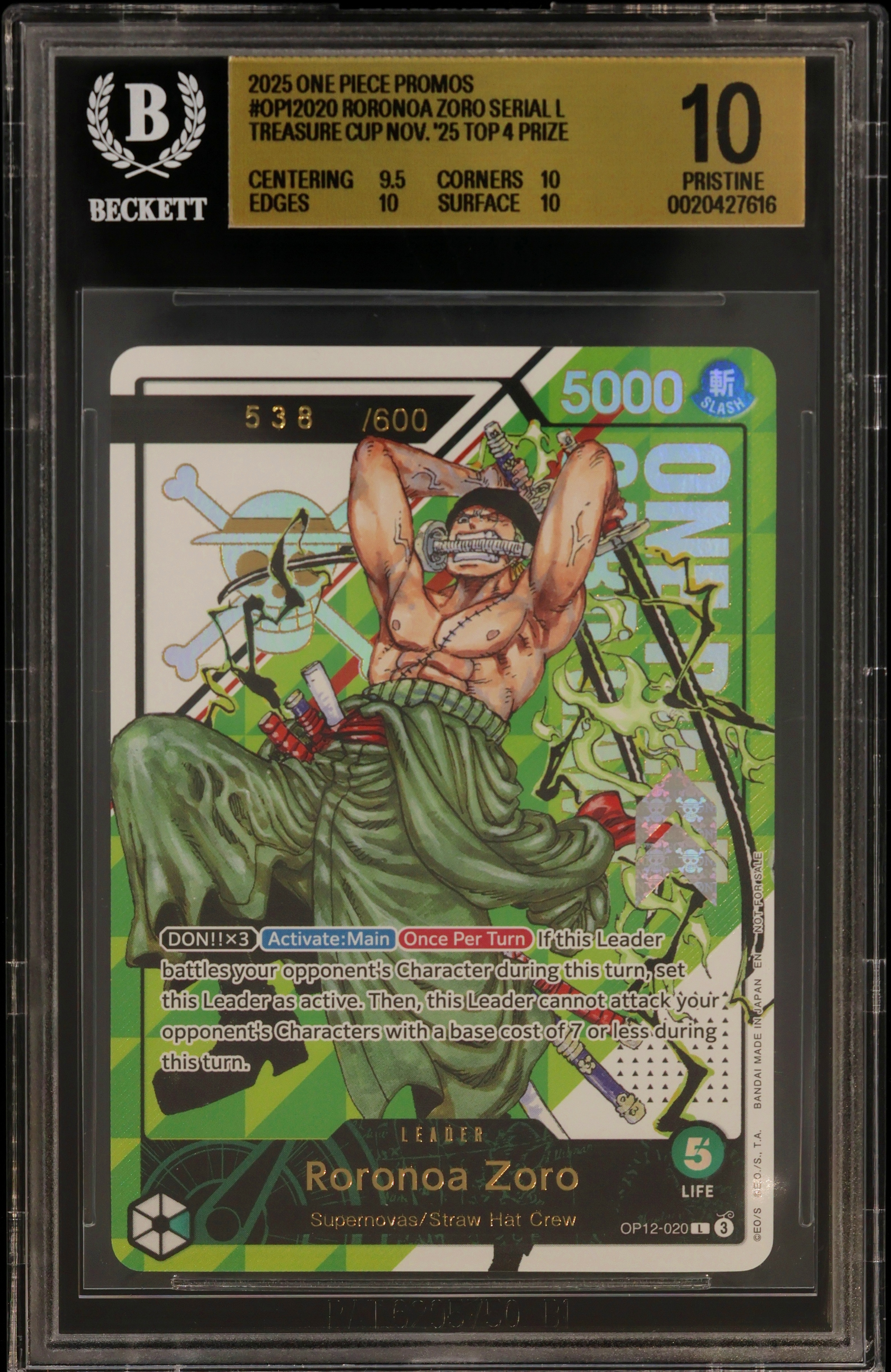 2025 #OP12020 Roronoa Zoro SERIAL L/(Treasure Cup Nov. '25 Top 4 Prize) BGS 10 One Piece Card Game Promos