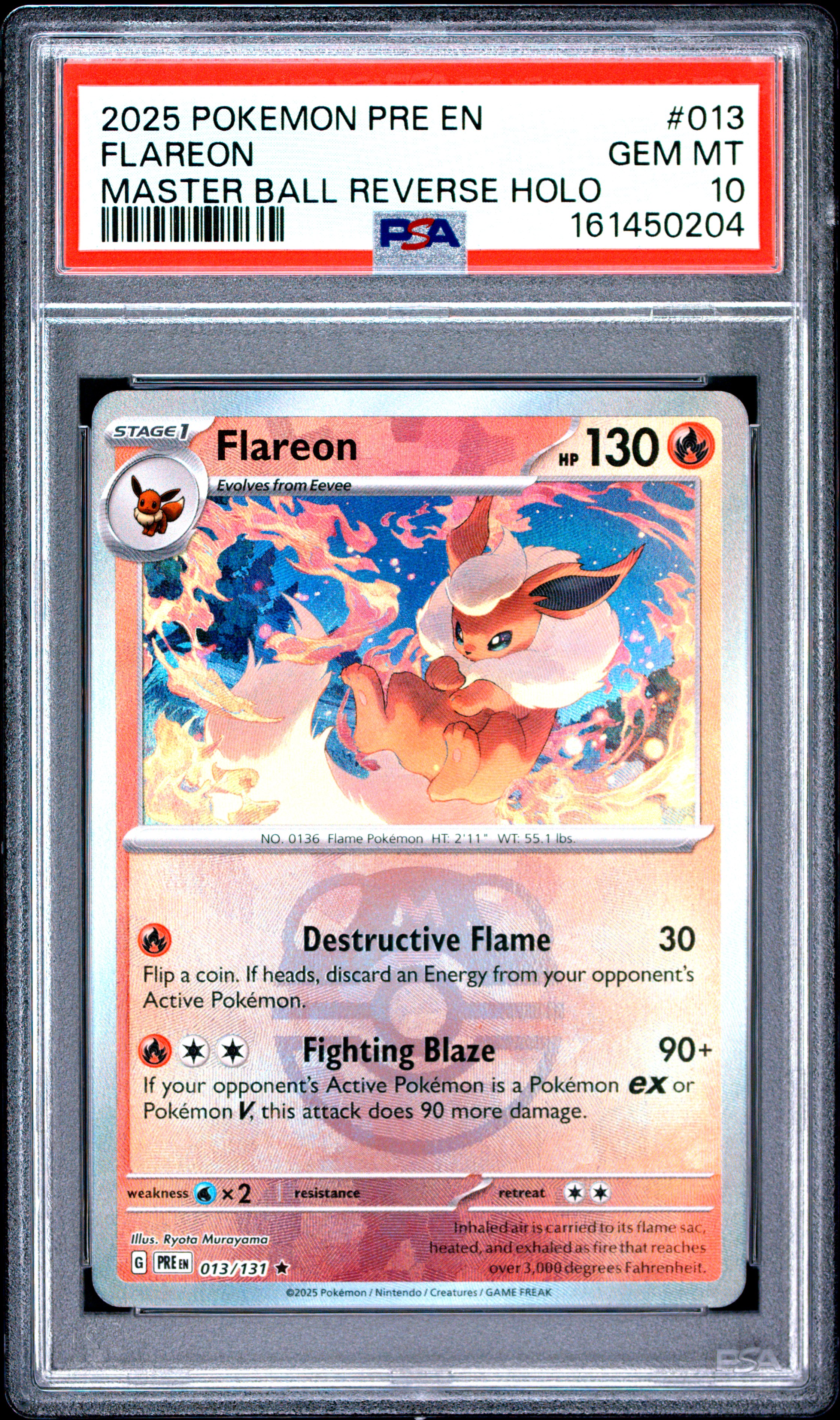 2025 #013 Flareon Master Ball Reverse Holo PSA 10 Pre En-Prismatic Evolutions
