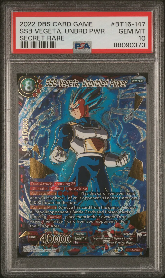 2022 #BT16-147 SSB Vegeta, Unbridled Power PSA 10 Dragon Ball Super Card Game Series 16 Realm of the Gods