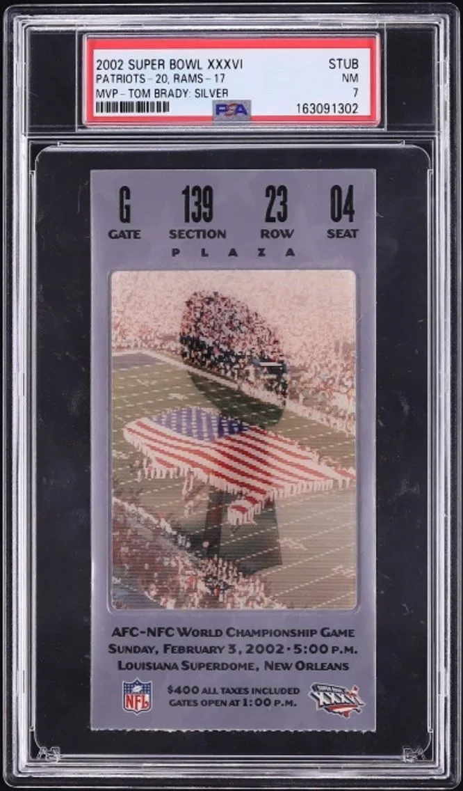 2002 #NA Super Bowl XXXVI Ticket Stub MVP Tom Brady Silver NRMT PSA 7