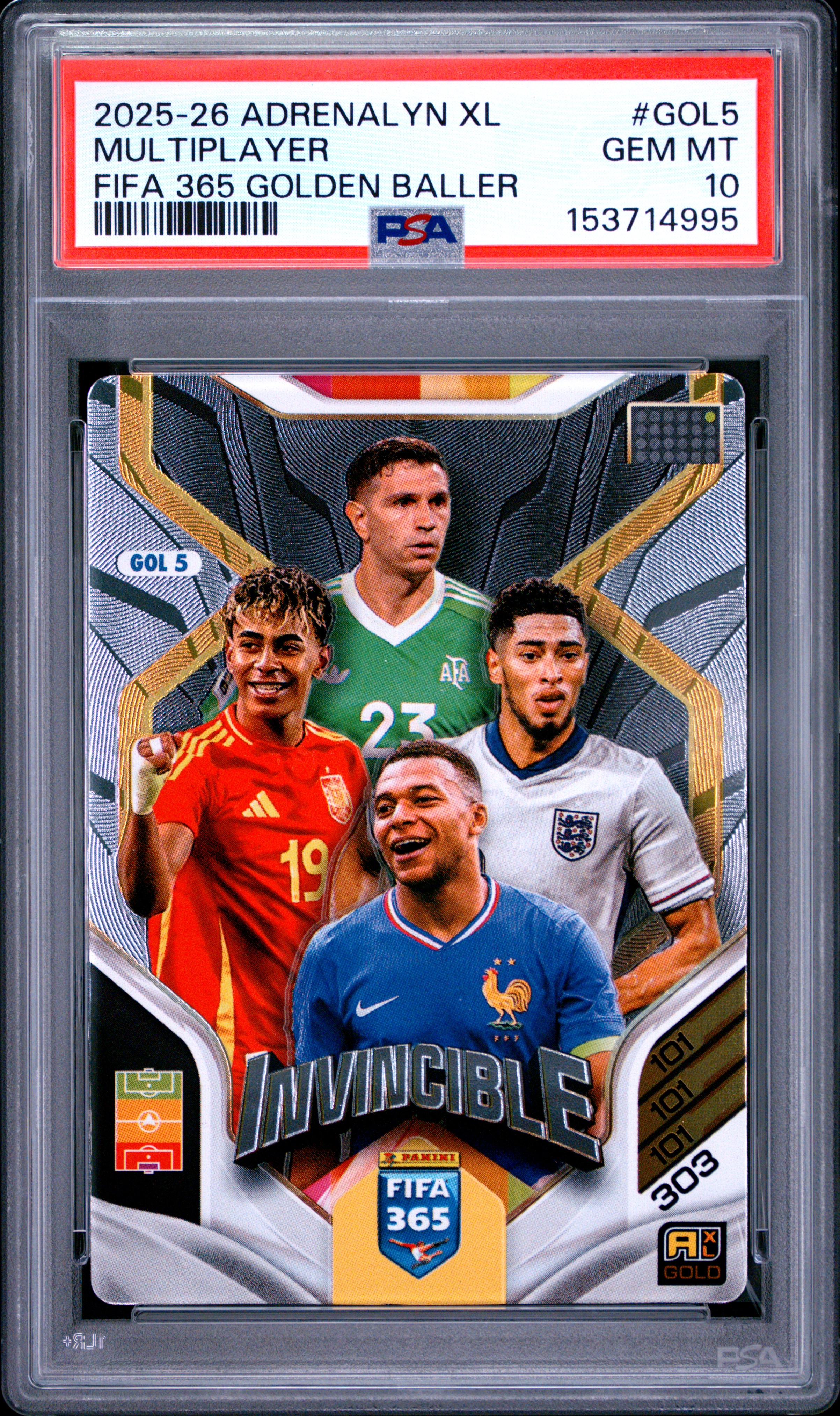 2025 #Gol5 Emiliano Martinez/Jude Bellingham/Kylian Mbappe/Lamine Yamal PSA 10 Panini Adrenalyn Xl Fifa 365 Golden Baller