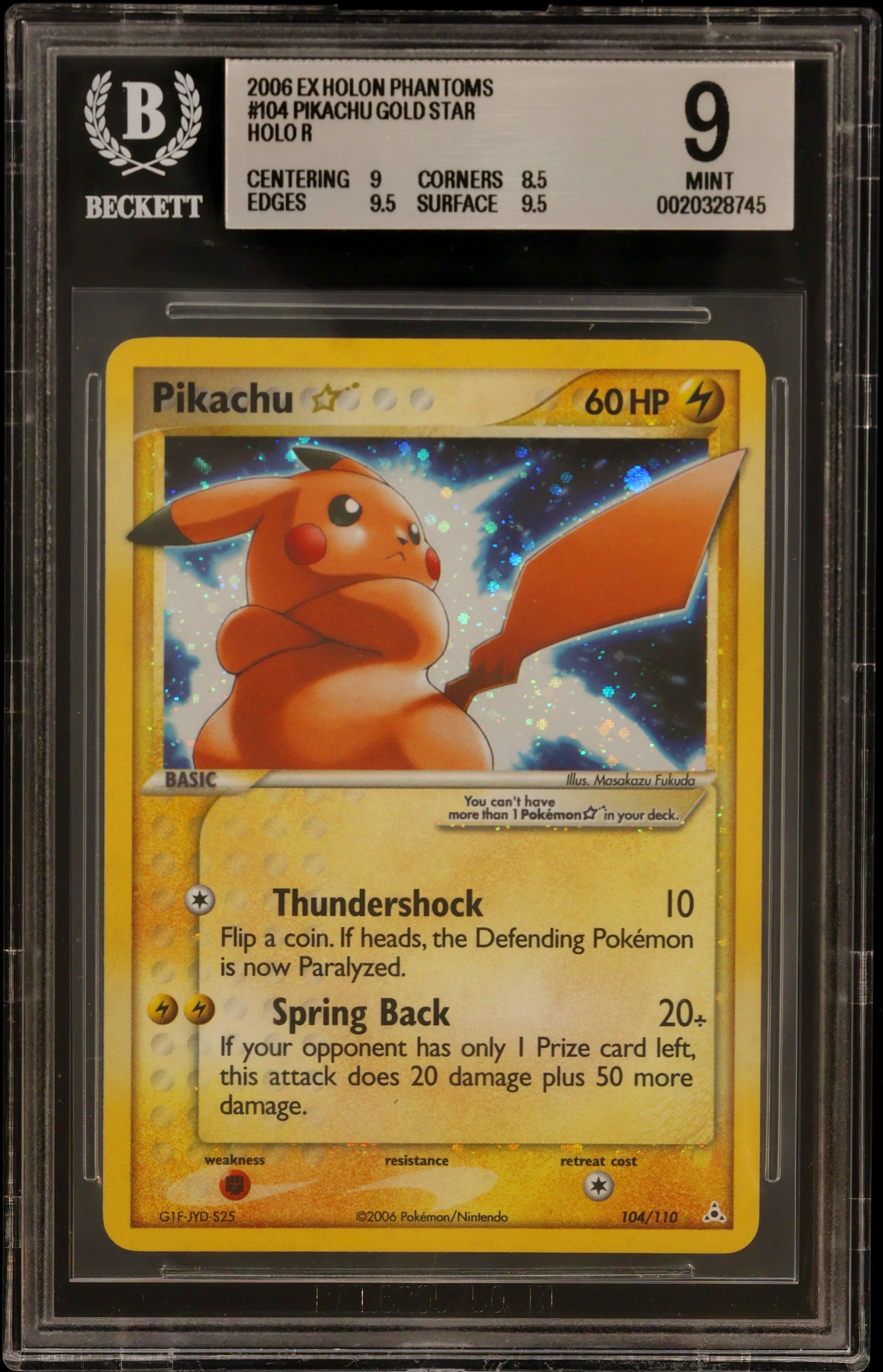 2006 #104 Pikachu GOLD STAR HOLO R BGS 9 EX Holon Phantoms
