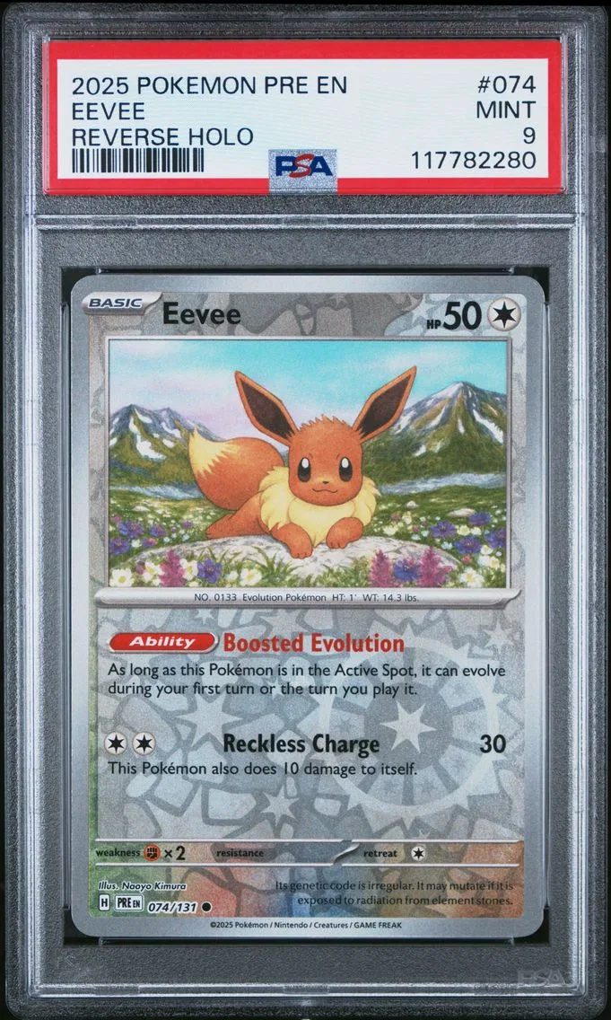 2025 #074 Eevee Reverse Holo PSA 9 Pre EN-Prismatic Evolutions Pokemon
