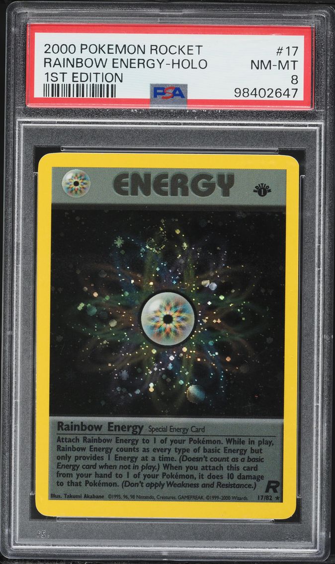 2000 #17 Rainbow Energy-Holo 1st Edition PSA 8 Rocket Pokemon