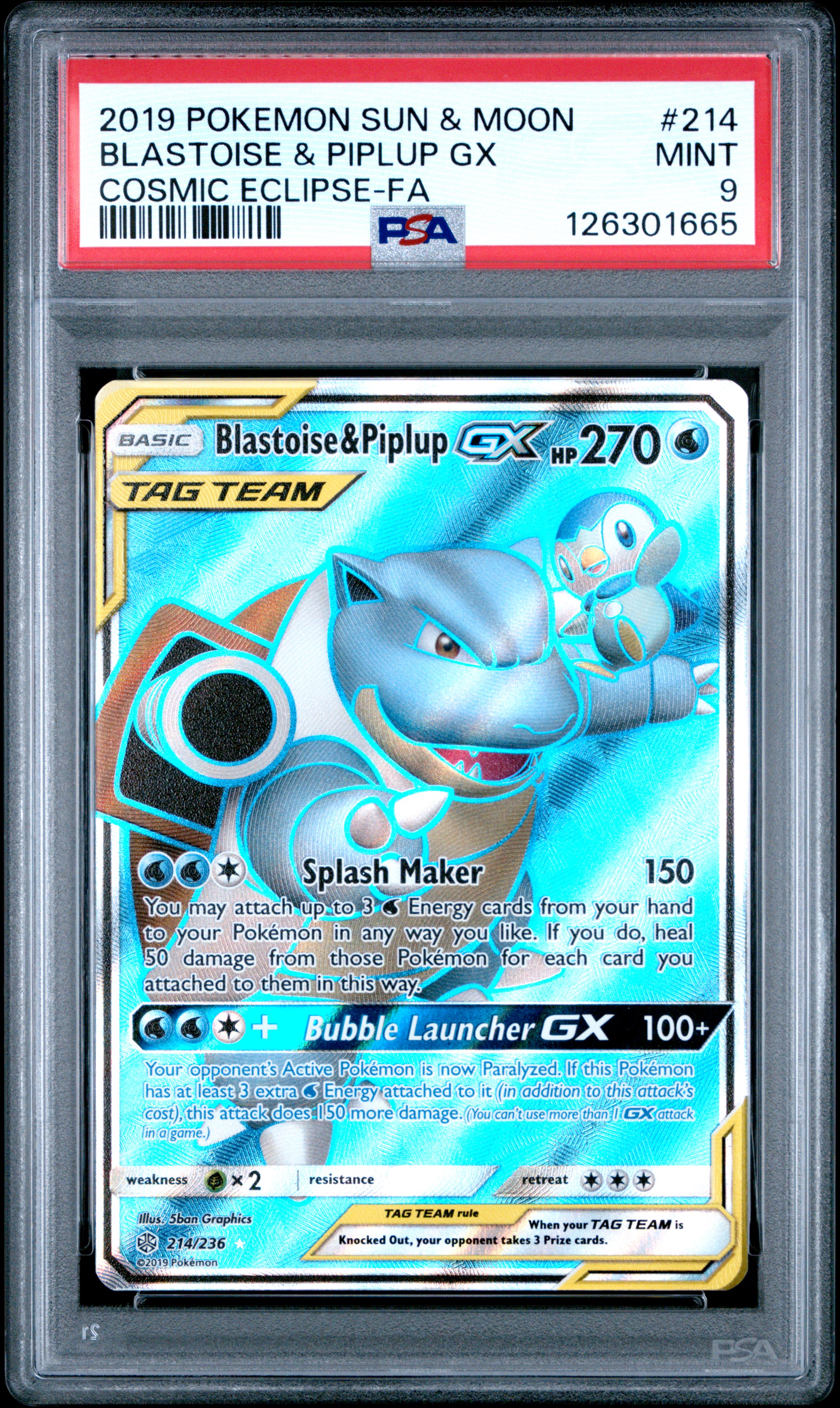 2019 #214 Full Art/Blastoise & Piplup Gx PSA 9 Sun & Moon Cosmic Eclipse