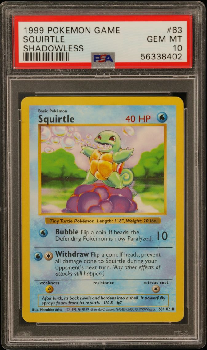 1999 #63 Squirtle PSA 10 Shadowless Pokemon Game Pokemon