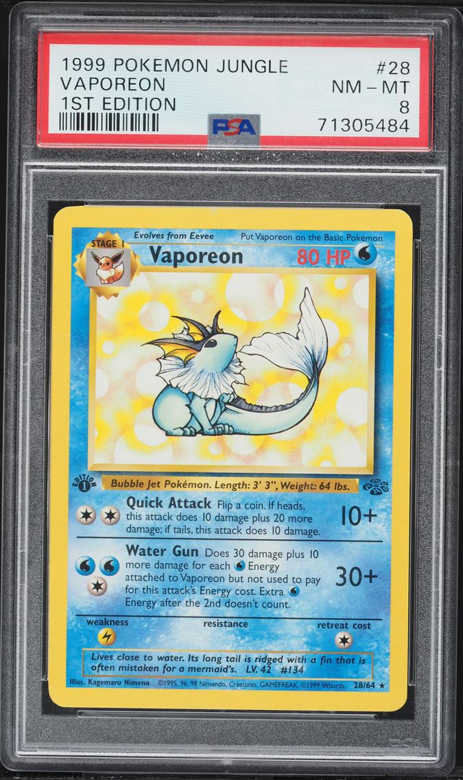 1999 #28 Vaporeon 1st Edition PSA 8 Jungle Pokemon