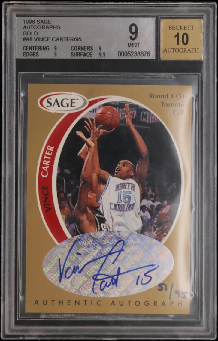 1998 #A8 Vince Carter/95 BGS 9 SAGE Autographs Gold