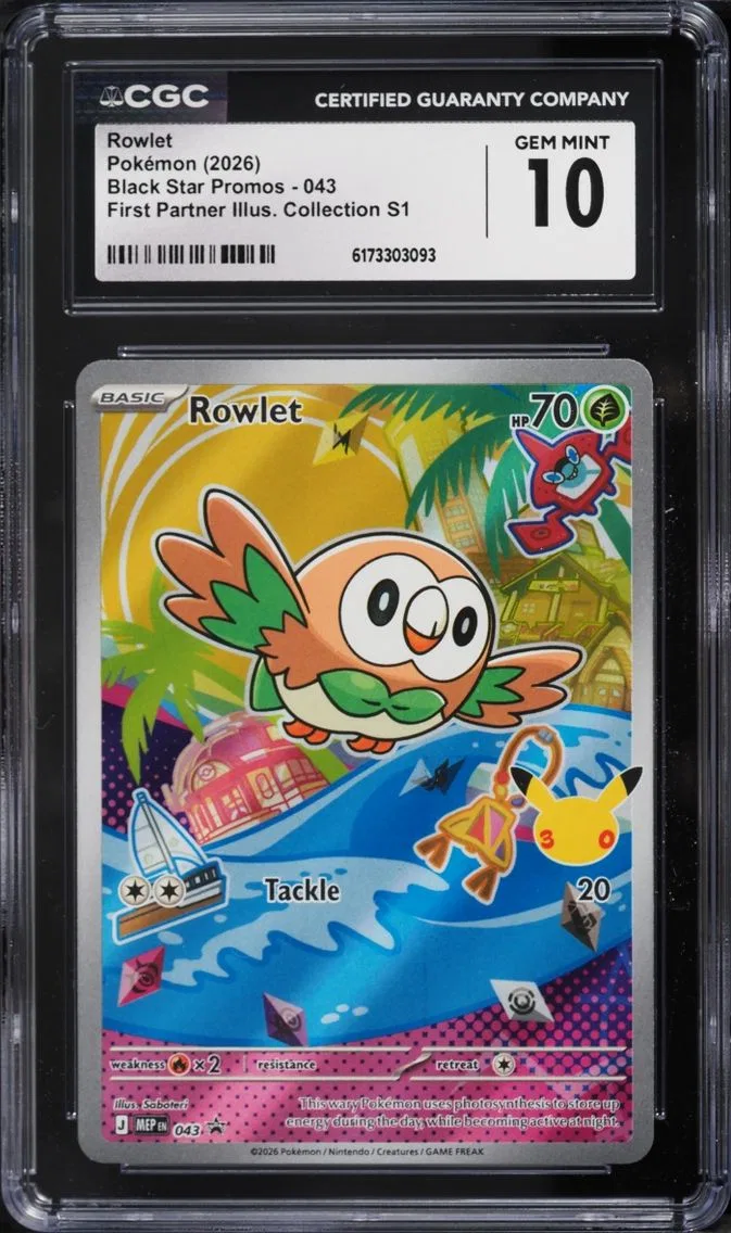 2026 Pokemon Mega Evolution Promo First Partner Illustration Full Art Rowlet #43 CGC 10 GEM