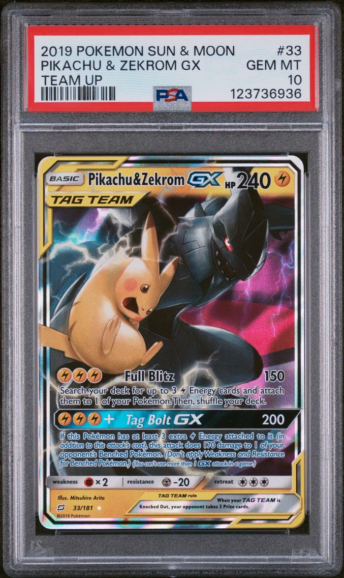 2019 #33 Pikachu & Zekrom GX PSA 10 Sun & Moon Team Up Pokemon