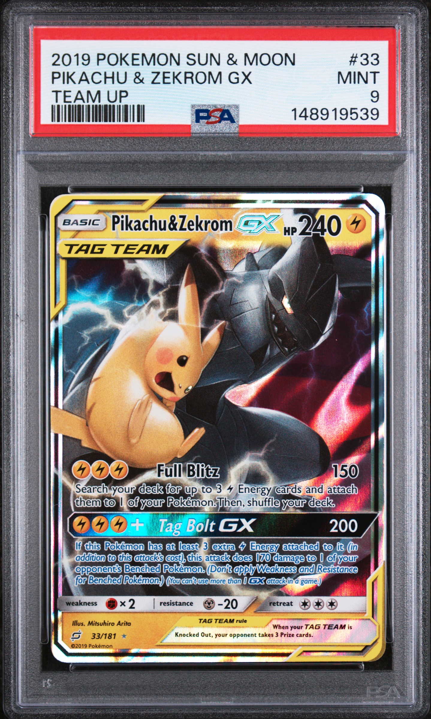 2019 #33 Pikachu & Zekrom Gx PSA 9 Sun & Moon Team Up