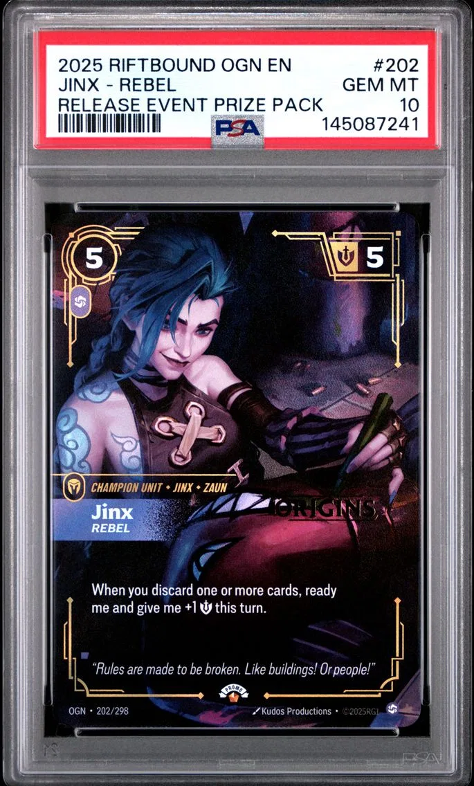 2025 #202 Jinx - Rebel PSA 10 Riftbound: League of Legends Ogn-Origins