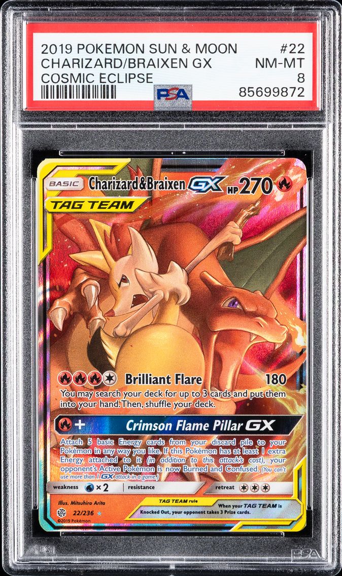 2019 #22 Charizard & Braixen GX PSA 8 Sun & Moon Cosmic Eclipse Pokemon