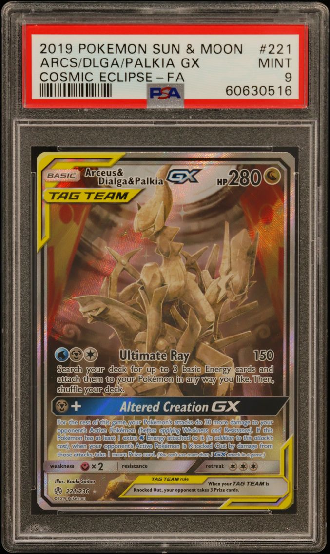 2019 #221 Full Art/Arceus & Dialga & Palkia GX PSA 9 Sun & Moon Cosmic Eclipse