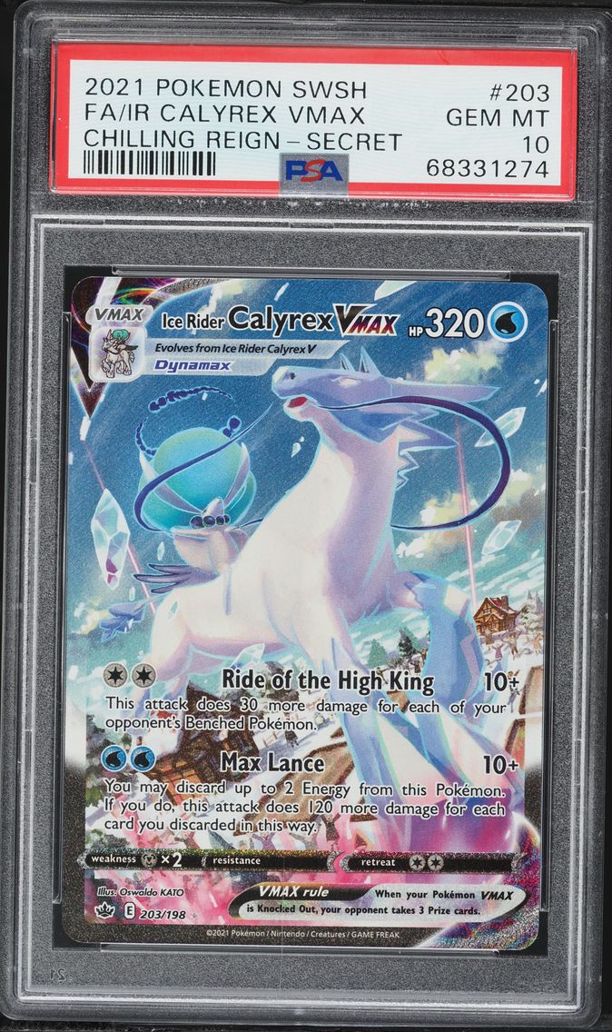 2021 #203 Full Art/Ice Rider Calyrex Vmax PSA 10 Sword & Shield Chilling Reign Pokemon