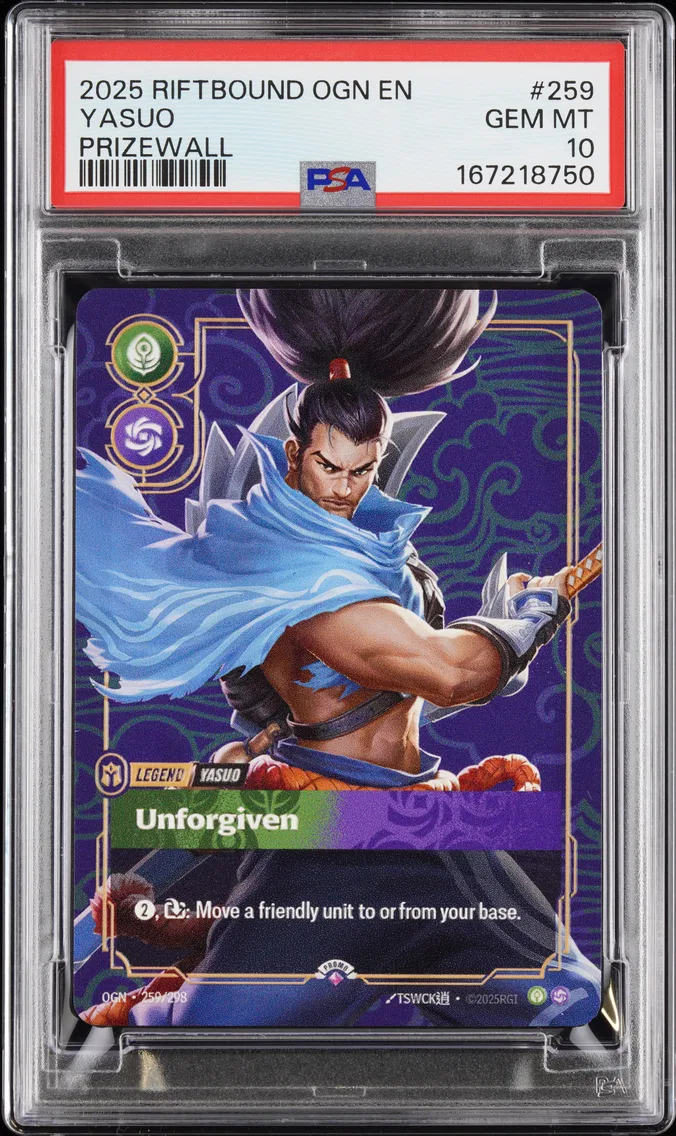 2025 #259 Yasuo - Unforgiven PSA 10 Riftbound: League of Legends Ogn-Origins Plated Legends