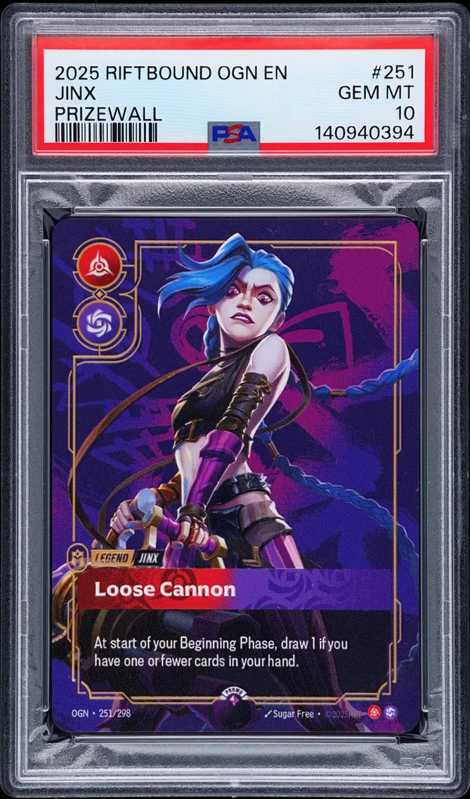 2025 #251 Jinx - Loose Cannon PSA 10 Riftbound: League of Legends Ogn-Origins Plated Legends