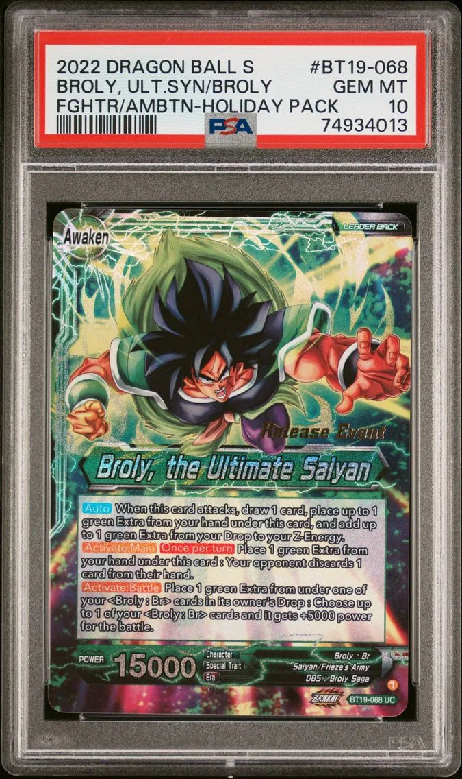 2022 #BT19-068 Broly/Broly, the Ultimate Saiyan PSA 10 Dragon Ball Super Card Game Series 19 Fighter's Ambition Holiday Pack