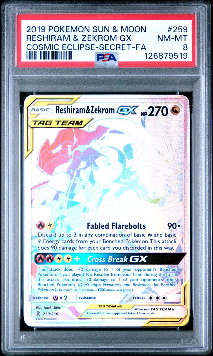 2019 #259 Full Art/Reshiram & Zekrom GX PSA 8 Sun & Moon Cosmic Eclipse Pokemon