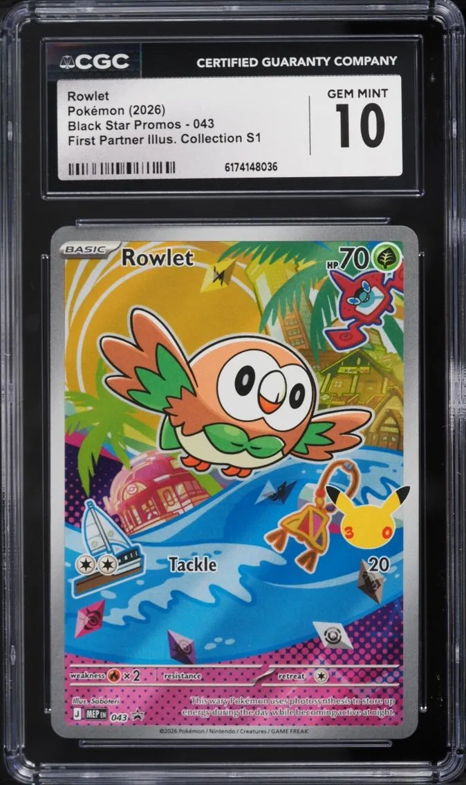 2026 Pokemon Mega Evolution Promo First Partner Illustration S1 Full Art Rowlet #43 CGC 10 GEM