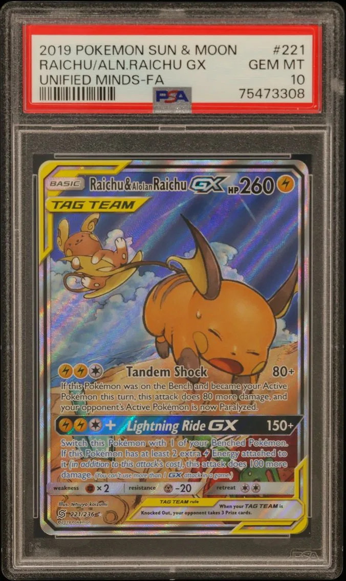 2019 #221 Full Art/Raichu & Alolan Raichu GX PSA 10 Sun & Moon Unified Minds