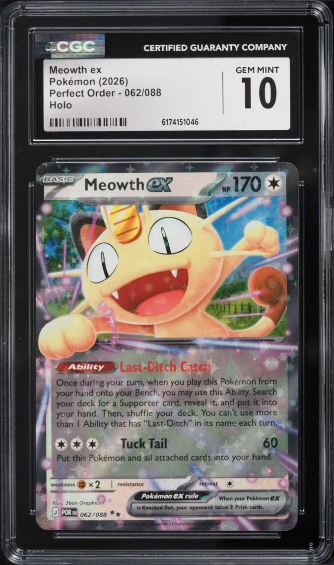 2026 #62 Meowth EX CGC 10 Pokemon Mega Evolution Perfect Order Holo