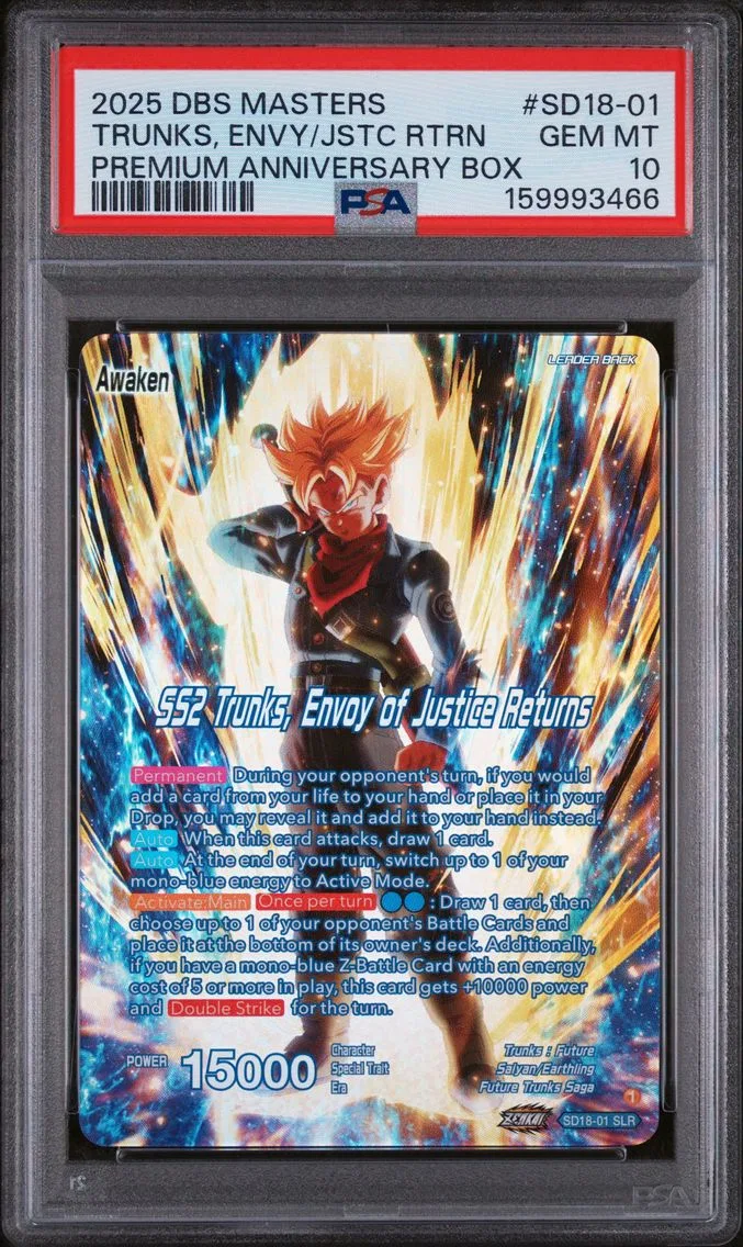 2025 #SD18-01 SS2 Trunks, Envoy of Justice Returns/Trunks PSA 10 Dragon Ball Super Card Game Masters Premium Anniversary Box