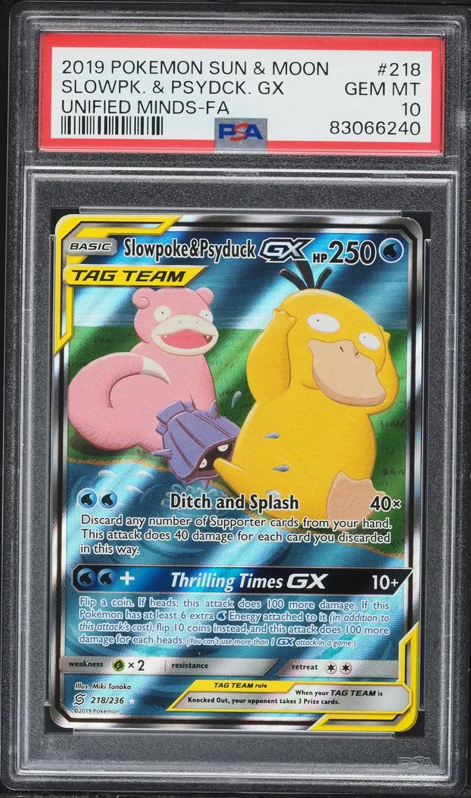 2019 #218 Full Art/Slowpoke & Psyduck GX PSA 10 Sun & Moon Unified Minds Pokemon