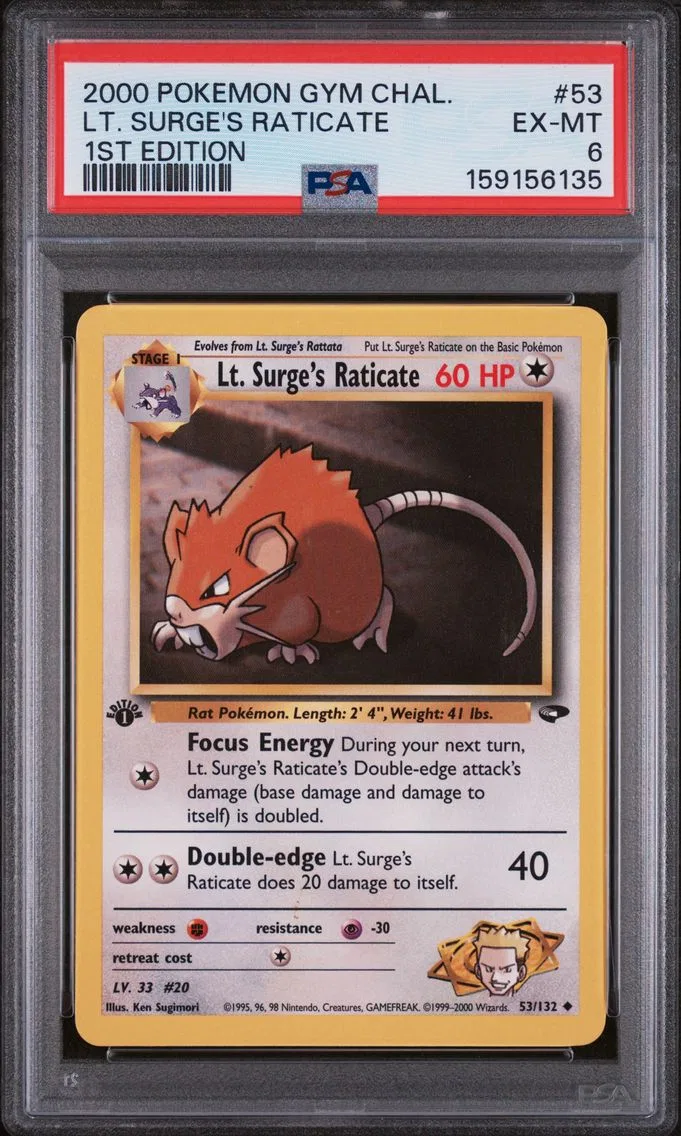 2000 #53 LT. Surge's Raticate 1st Edition PSA 6 Gym Challenge