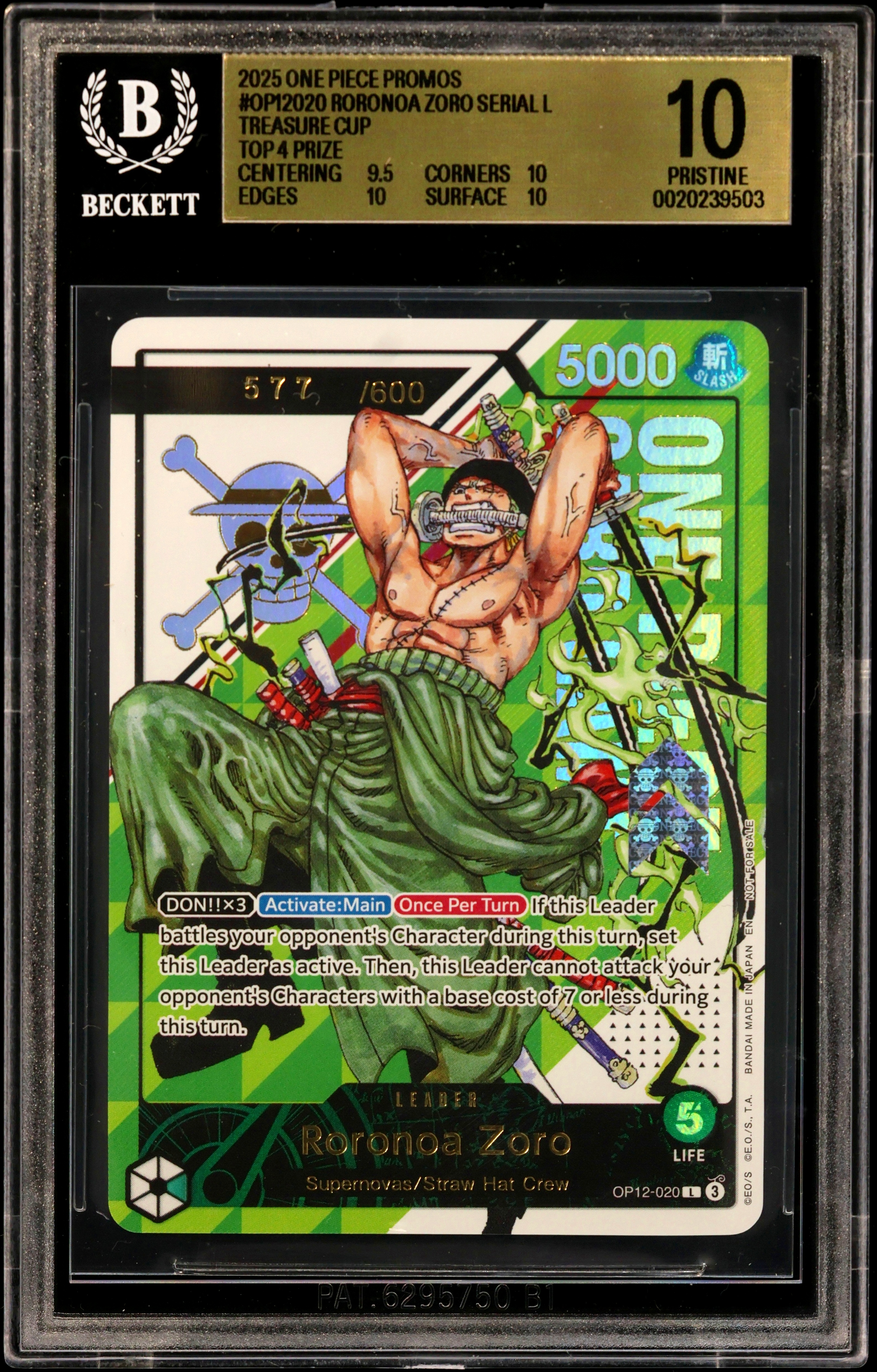 2025 #OP12020 Roronoa Zoro SERIAL L/(Treasure Cup Nov. '25 Top 4 Prize) BGS 10 One Piece Card Game Promos