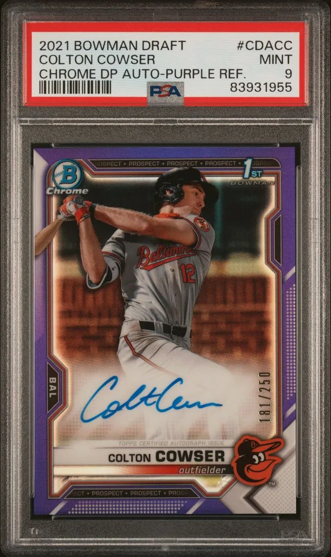 2021 #CDACC Colton Cowser PSA 9 Purple Refractor Bowman Draft Chrome Draft Pick Autographs Baseball