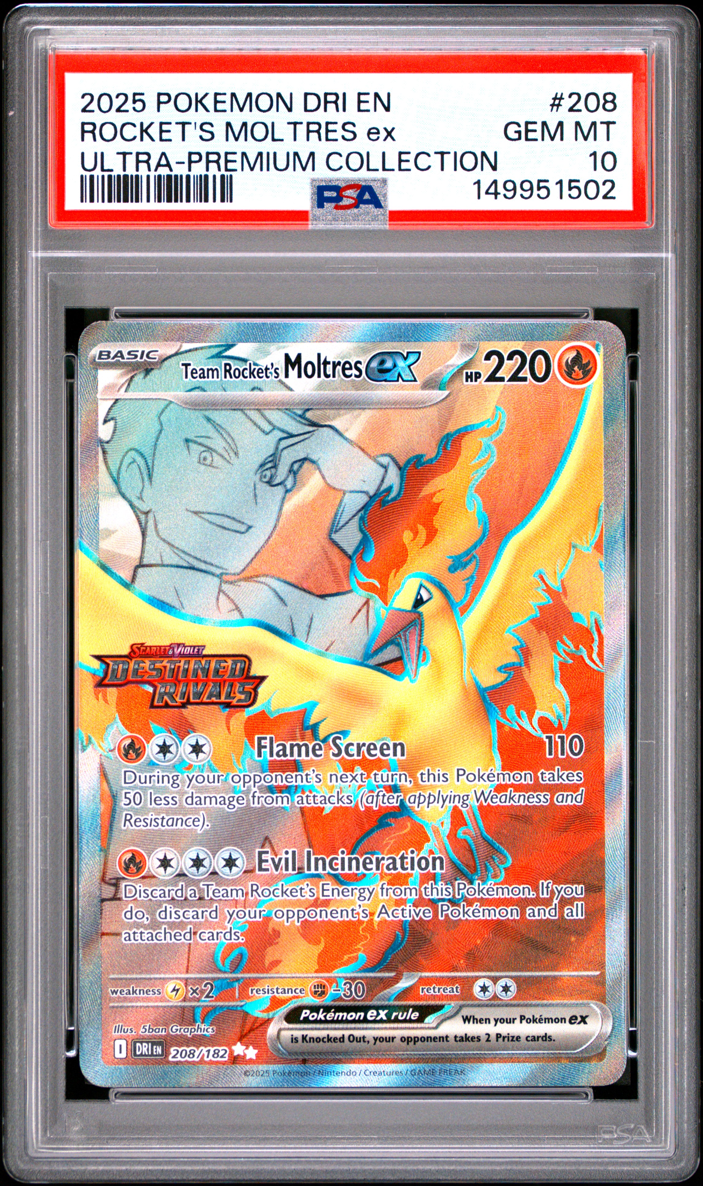 2025 #208 Team Rocket'S Moltres Ex PSA 10 Dri En-Destined Rivals