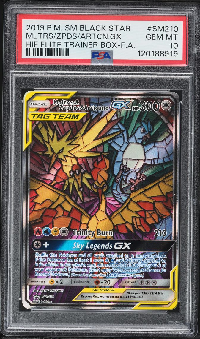 2019 #SM210 Full Art/Moltres & Zapdos & Articuno GX PSA 10 SM Black Star Promo Pokemon