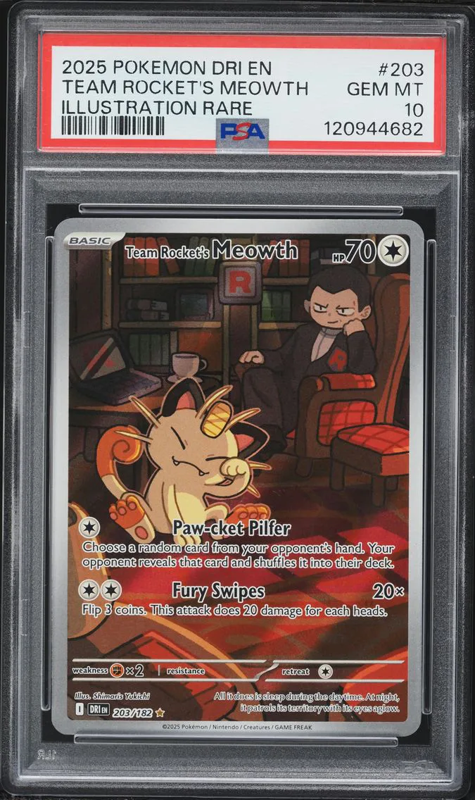 2025 #203 Team Rocket's Meowth PSA 10 Dri EN-Destined Rivals Pokemon