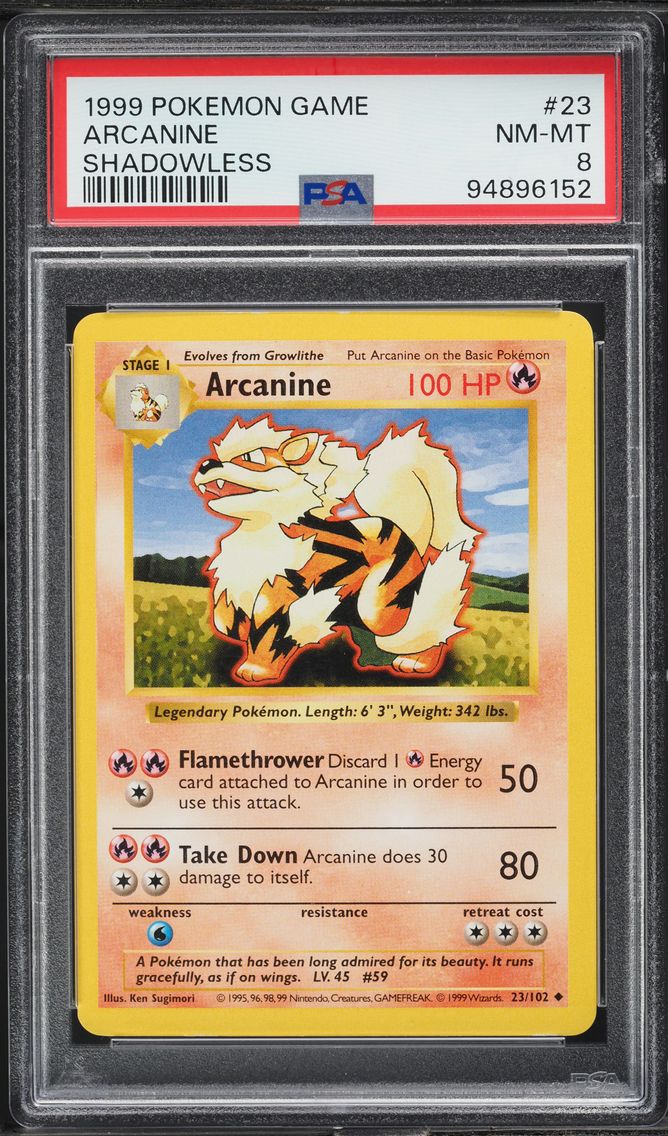 1999 #23 BASE SET SHADOWLESS ARCANINE PSA 8 POKEMON