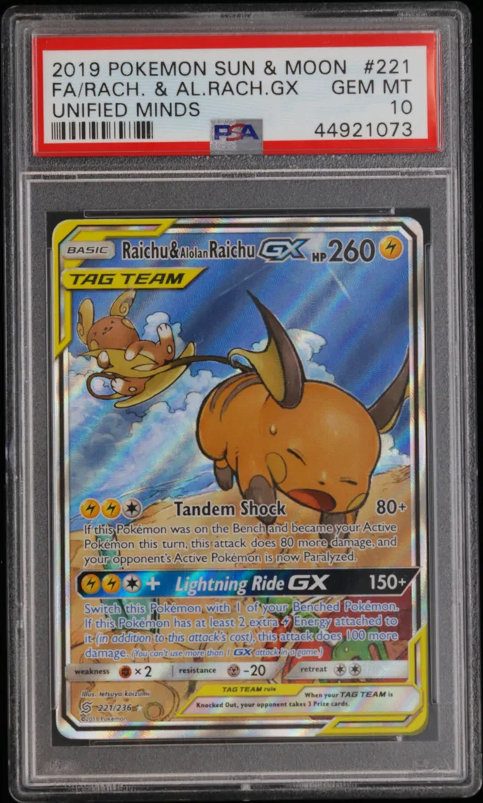 2019 #221 Full Art/Raichu & Alolan Raichu GX PSA 10 Sun & Moon Unified Minds