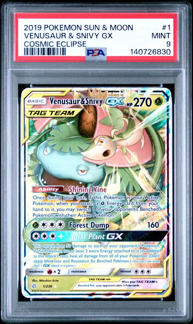 2019 #1 Venusaur & Snivy GX PSA 9 Sun & Moon Cosmic Eclipse Pokemon