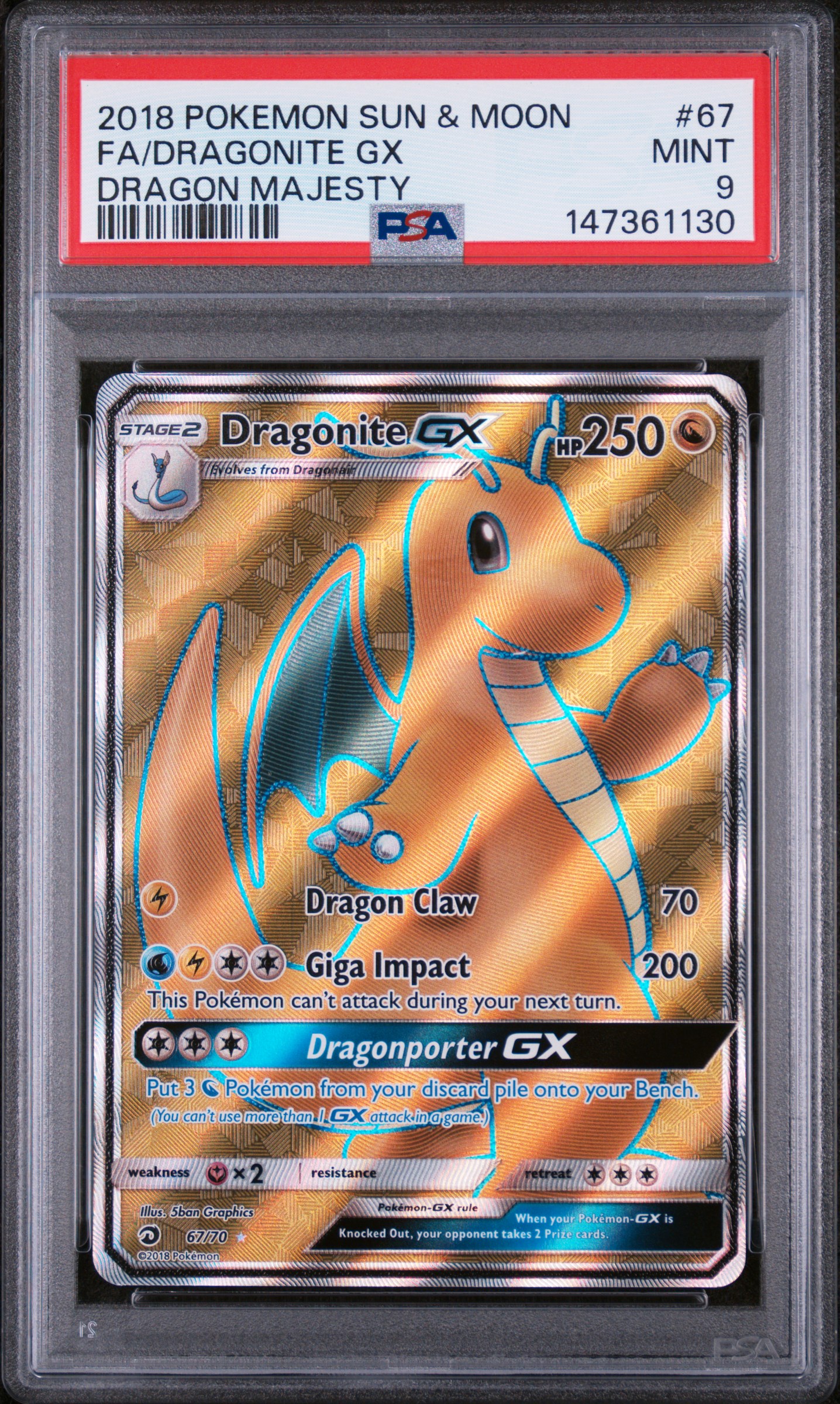 2018 #67 Full Art/Dragonite Gx PSA 9 Sun & Moon Dragon Majesty