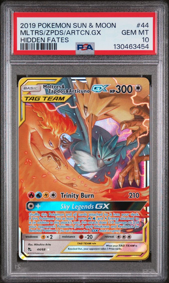 2019 #44 Moltres & Zapdos & Articuno GX PSA 10 Sun & Moon Hidden Fates